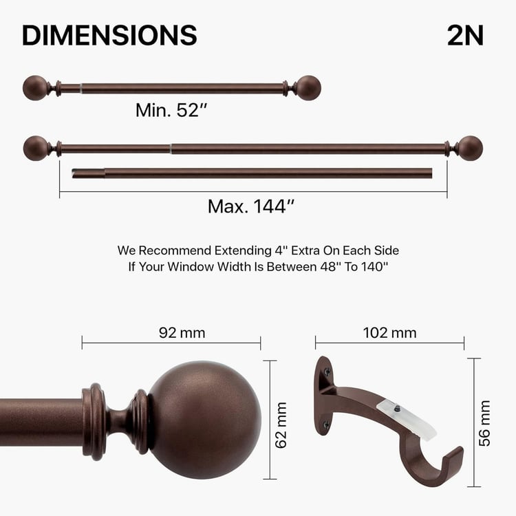 DECO WINDOW Ball Set of 2 Extendable Single Curtain Rods - 25mm, Brown (52-144in)