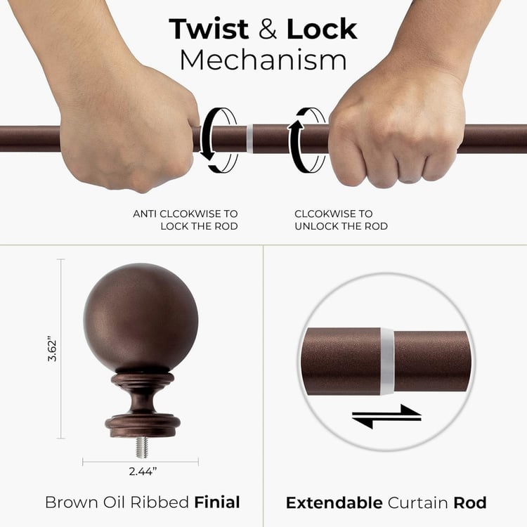 DECO WINDOW Ball Set of 2 Extendable Single Curtain Rods - 25mm, Brown (52-144in)