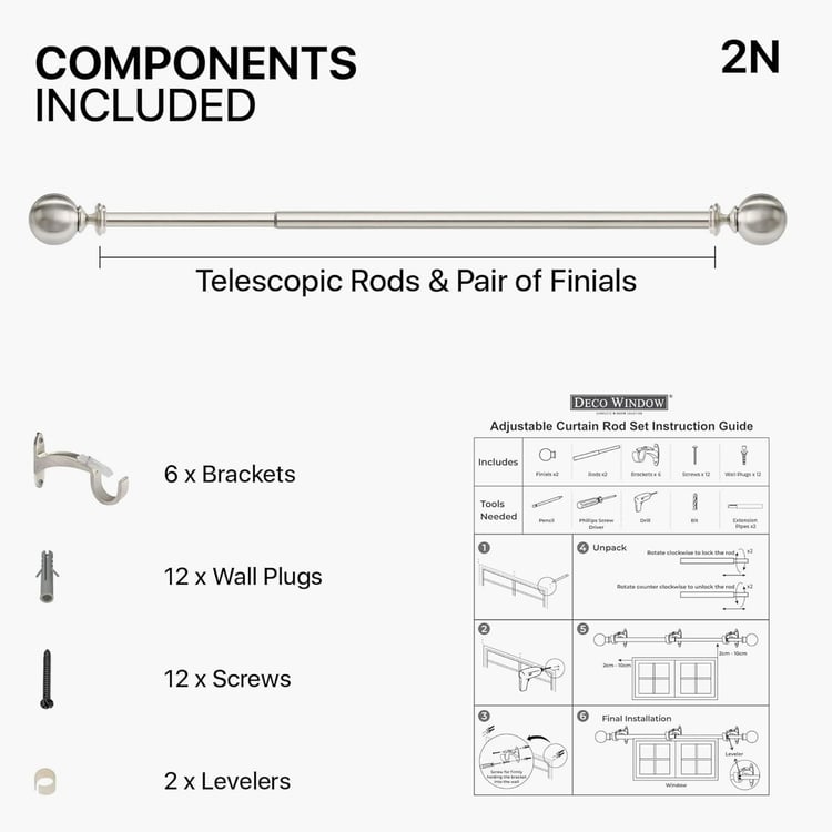 DECO WINDOW Ball Set of 2 Extendable Single Curtain Rods - 25mm, Silver (52-144in)