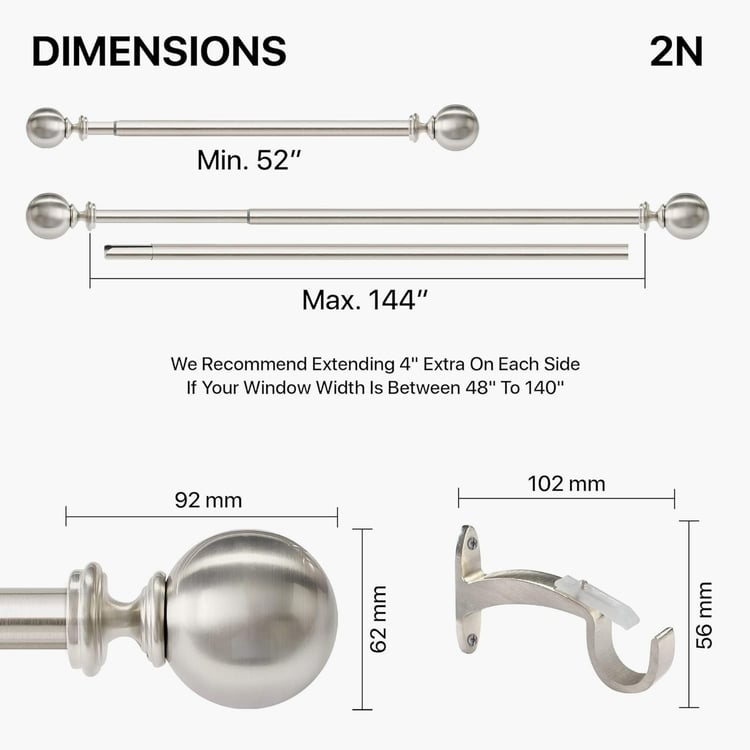 DECO WINDOW Ball Set of 2 Extendable Single Curtain Rods - 25mm, Silver (52-144in)