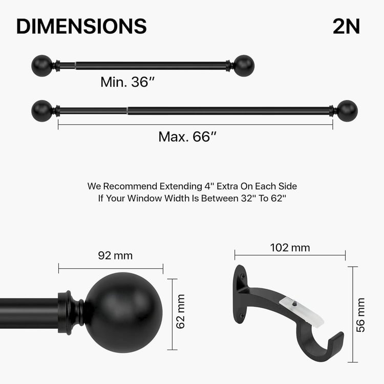 DECO WINDOW Ball Set of 2 Extendable Single Curtain Rods - 25mm, Black Matt (36-66in)