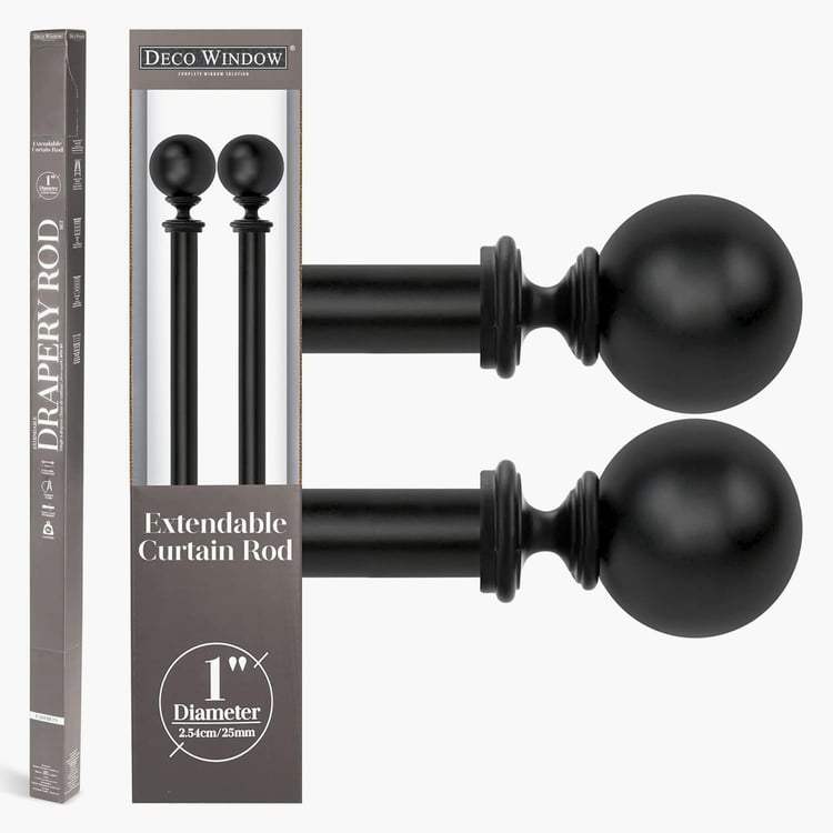 DECO WINDOW Ball Set of 2 Extendable Single Curtain Rods - 25mm, Black Matt (36-66in)