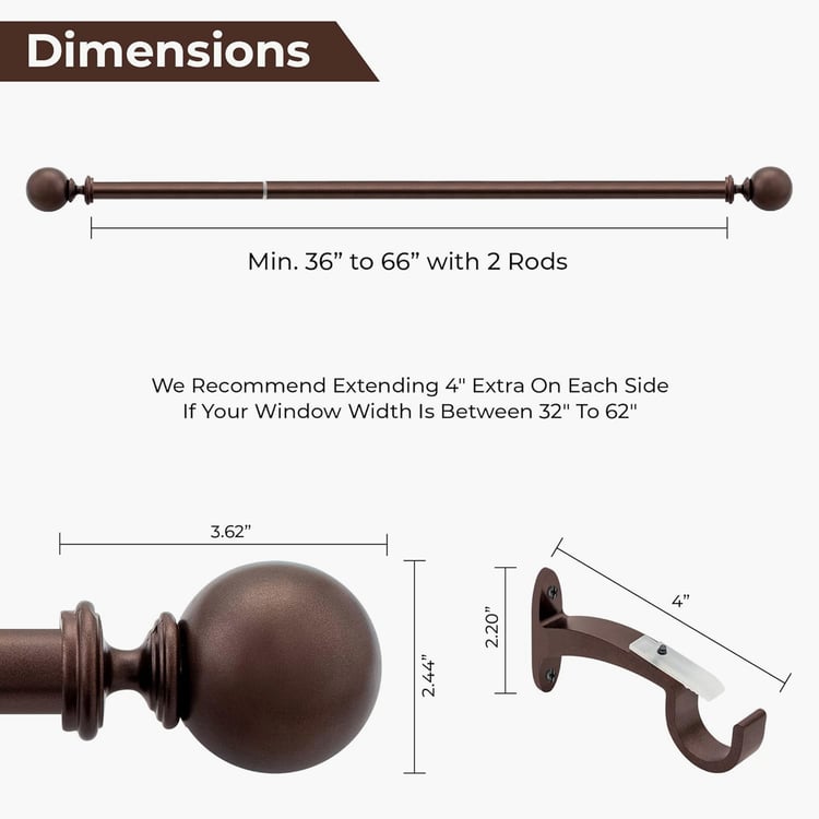 DECO WINDOW Lantern Set of 2 Extendable Single Curtain Rods - 25mm, Brown (36-66in)