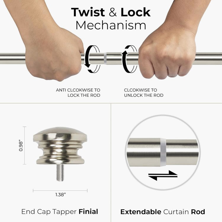 DECO WINDOW End Cap Set of 2 Extendable Single Curtain Rods - 25mm, Satin Silver (52-144in)