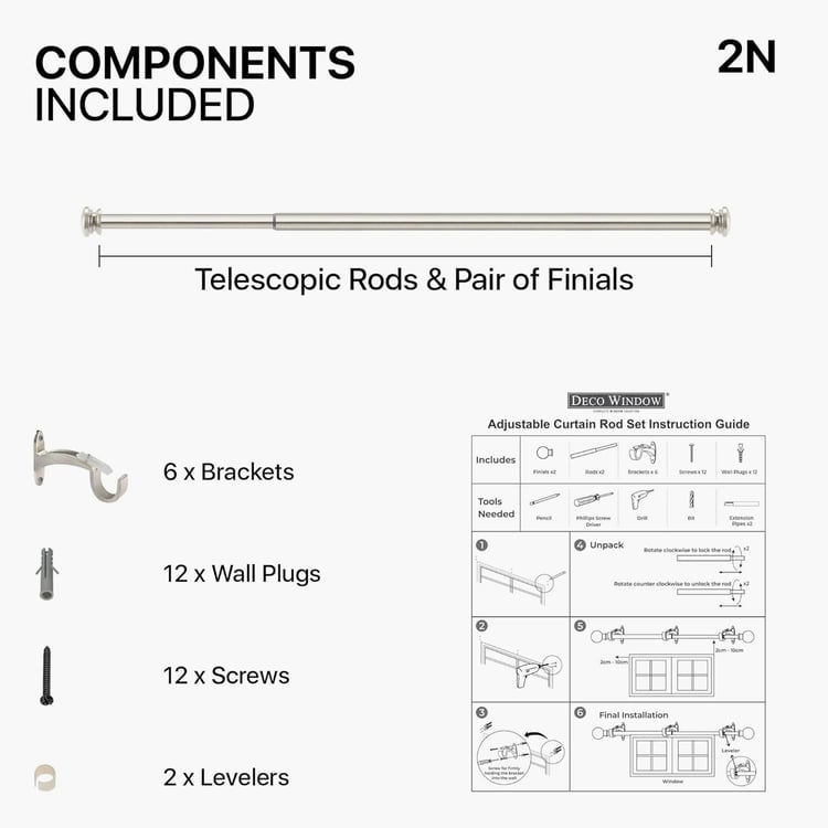 DECO WINDOW End Cap Set of 2 Extendable Single Curtain Rods - 25mm, Satin Silver (52-144in)