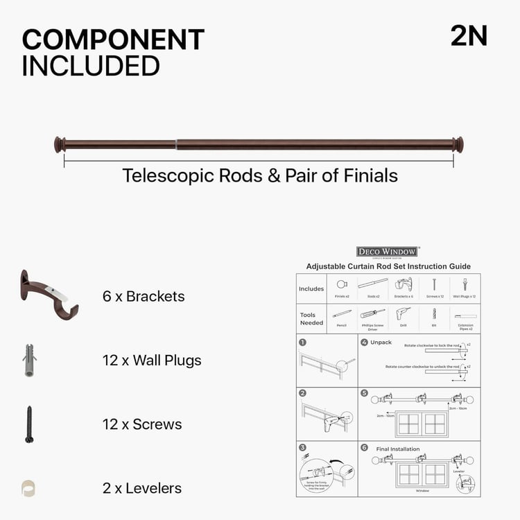 DECO WINDOW End Cap Set of 2 Extendable Single Curtain Rods - 25mm, Brown Oil Rubbed (36-66in)