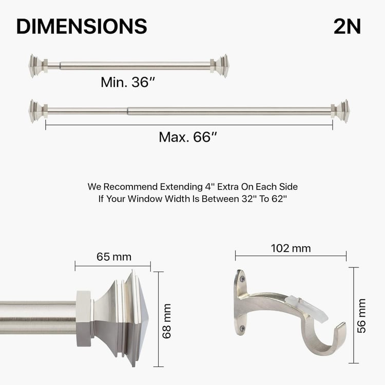 DECO WINDOW Stakd Square Set of 2 Extendable Single Curtain Rods - 25mm, Satin Silver (36-66in)