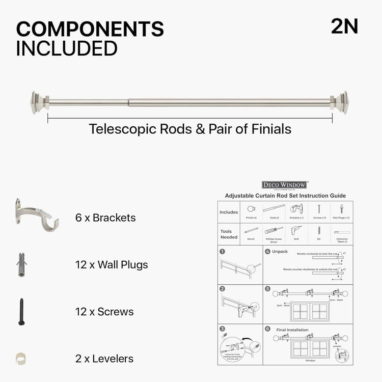 DECO WINDOW Stakd Square Set of 2 Extendable Single Curtain Rods - 25mm, Satin Silver (36-66in)