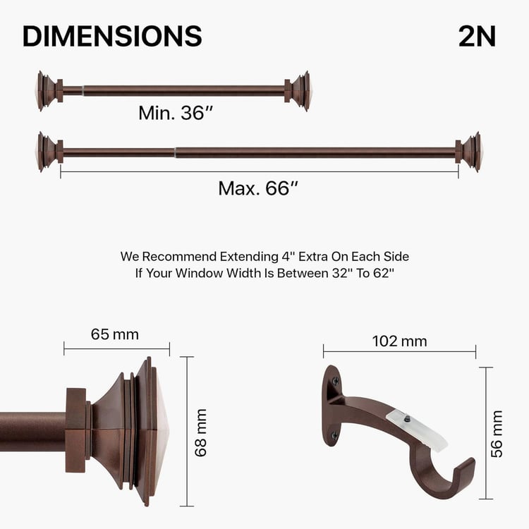 DECO WINDOW Stakd Square Set of 2 Extendable Single Curtain Rods - 25mm, Brown (36-66in)