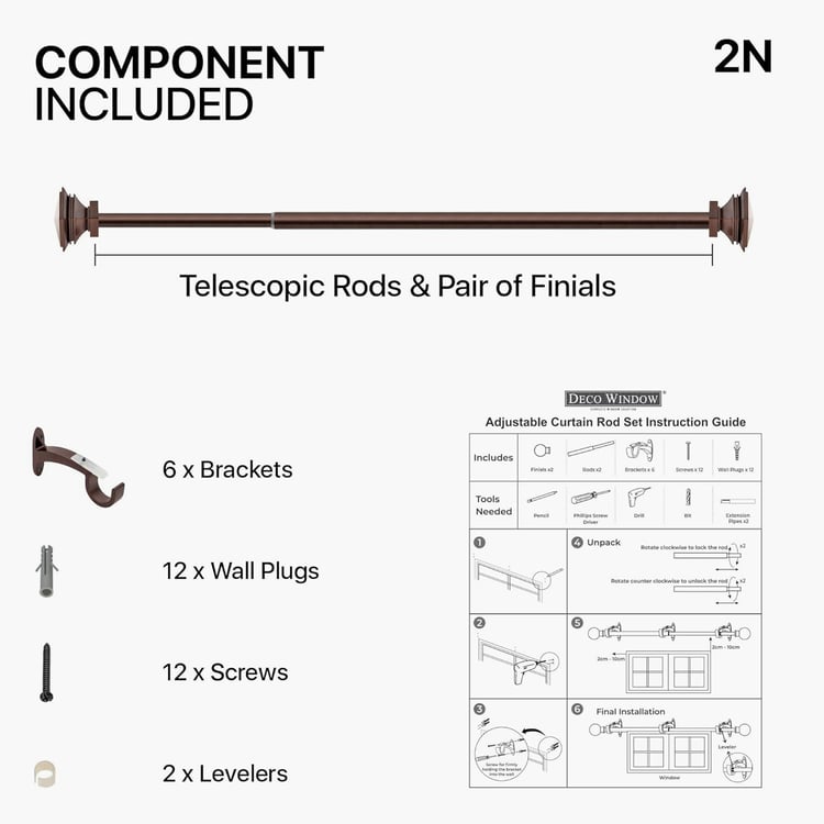 DECO WINDOW Stakd Square Set of 2 Extendable Single Curtain Rods - 25mm, Brown (36-66in)