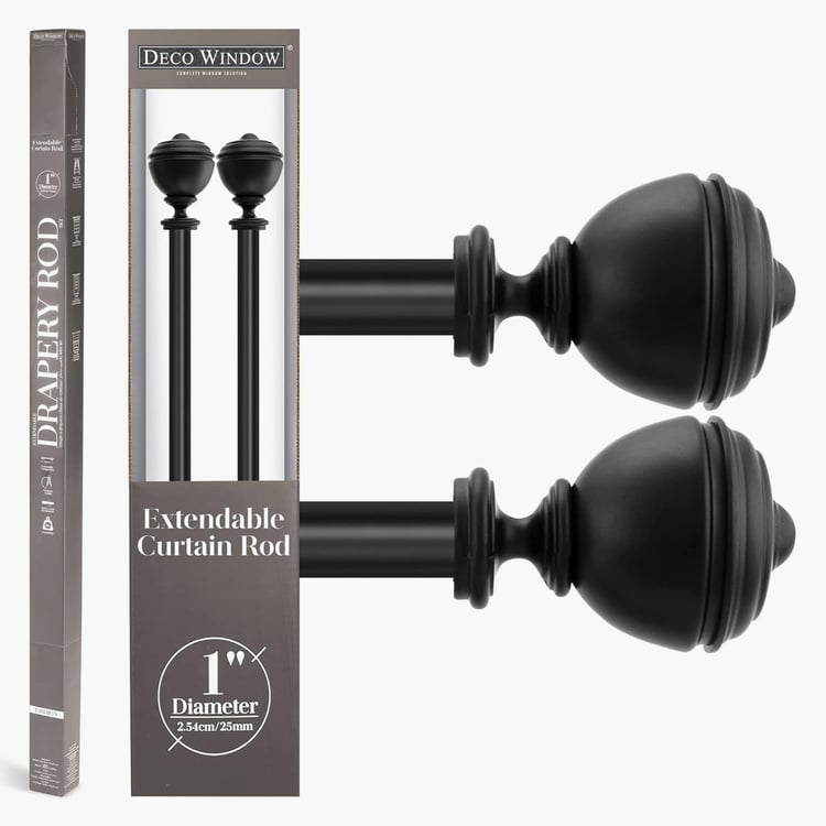 DECO WINDOW Staked Round Set of 2 Extendable Single Curtain Rods - 25mm, Blac (36-66in)