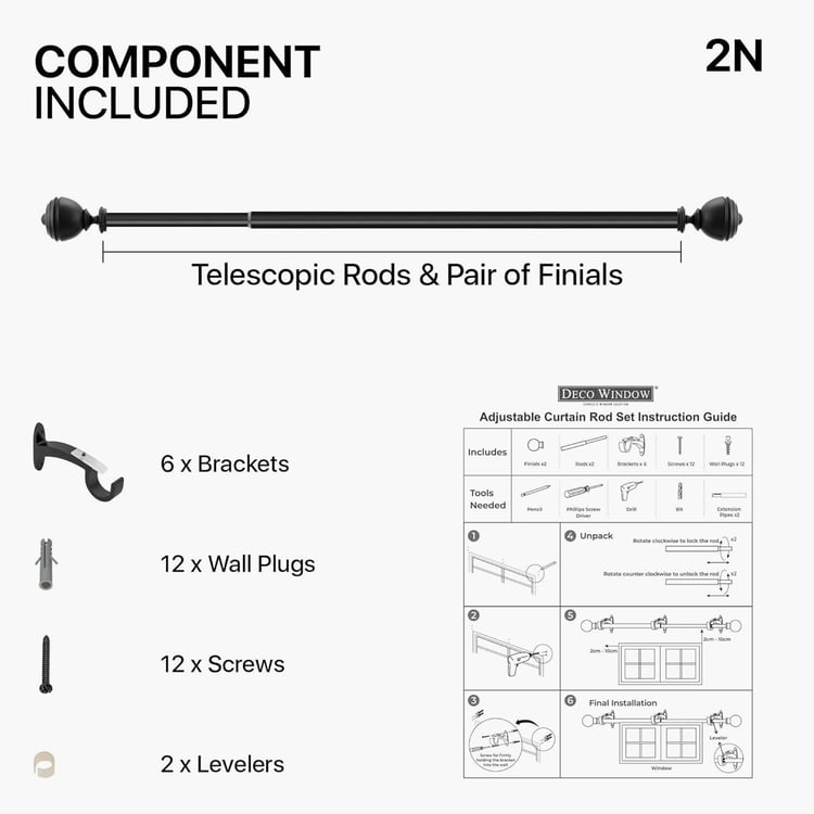 DECO WINDOW Staked Round Set of 2 Extendable Single Curtain Rods - 25mm, Blac (36-66in)