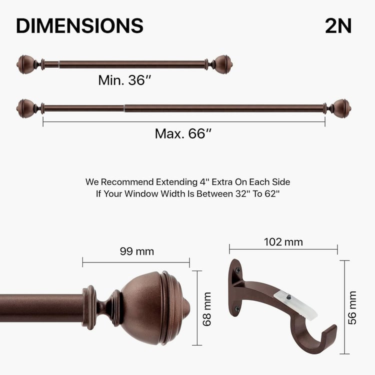 DECO WINDOW Staked Set of 2 Extendable Single Curtain Rods - 25mm, Brown (36-66in)