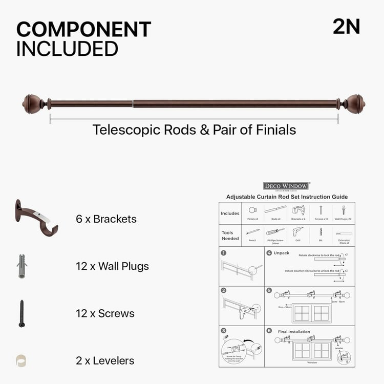 DECO WINDOW Staked Set of 2 Extendable Single Curtain Rods - 25mm, Brown (36-66in)