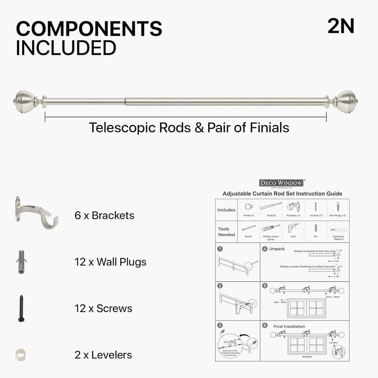 DECO WINDOW Staked Round Set of 2 Extendable Single Curtain Rods - 25mm, Silver (36-66in)