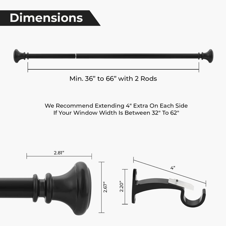 DECO WINDOW Vaso Extendable Single Curtain Rod - 25mm, Black (36-66in)