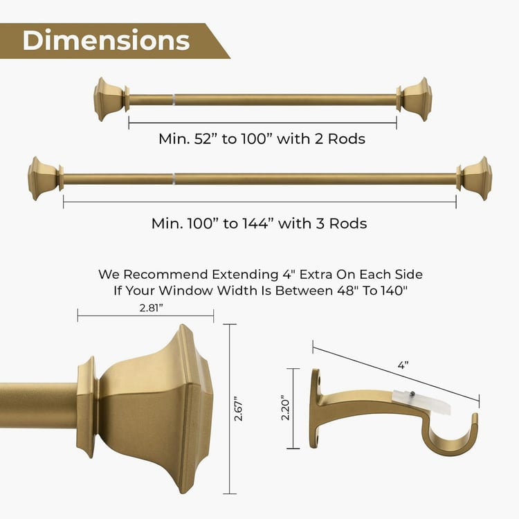 DECO WINDOW Quadrato Extendable Single Curtain Rod - 25mm, Gold (52-144in)