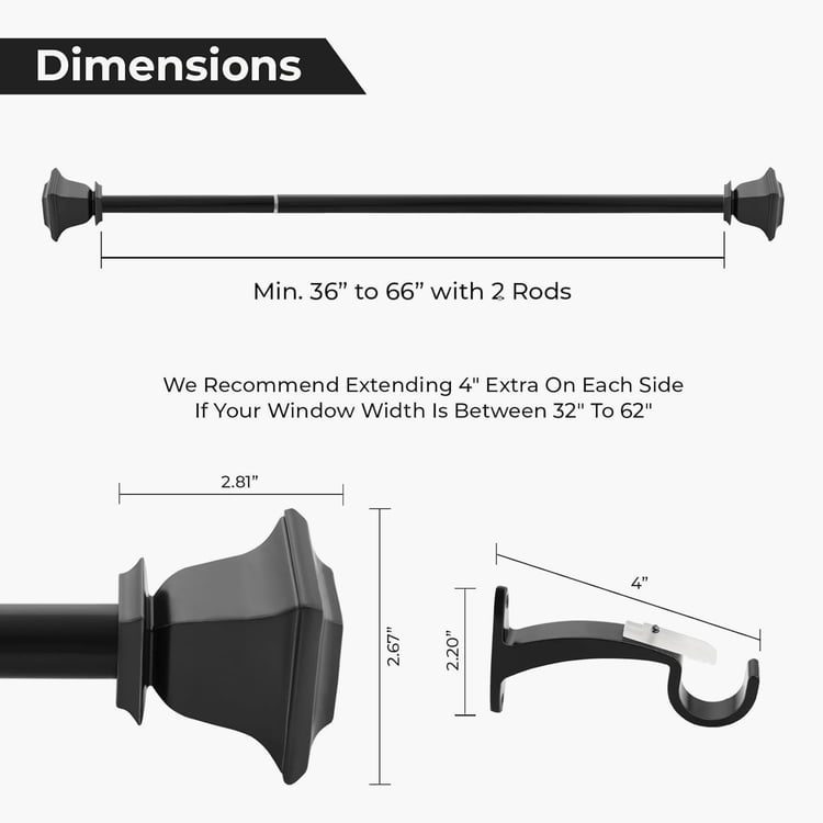 DECO WINDOW Quadrato Extendable Single Curtain Rod - 25mm, Black (36-66in)