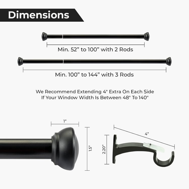 DECO WINDOW End Cap Extendable Single Curtain Rod - 25mm, Black Matt (52-144in)