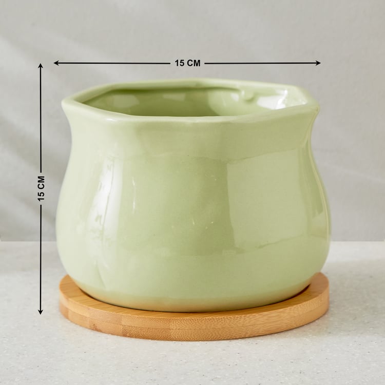 Gloria Sane Ceramic Planter with Wooden Base