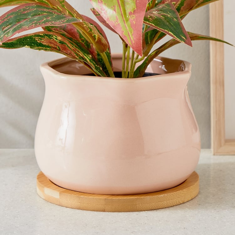 Gloria Sane Ceramic Planter with Wooden Base