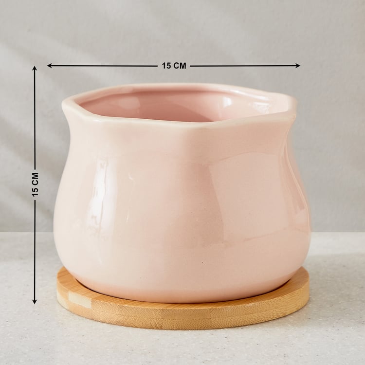 Gloria Sane Ceramic Planter with Wooden Base