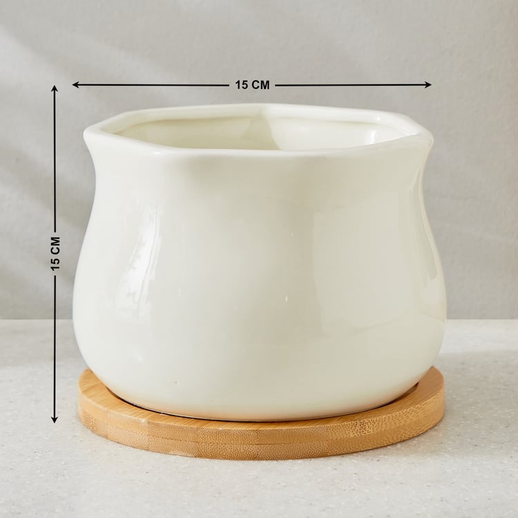 Gloria Sane Ceramic Planter with Wooden Base