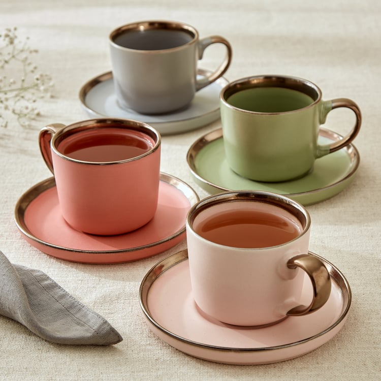 Vibgyor Tashoku Set of 4 Stoneware Cups and Saucers - 240ml