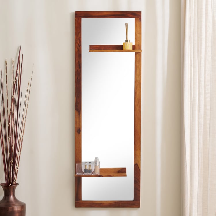 Helios Fleek Sheesham Wood Wall Mirror with Shelves - Honey Brown