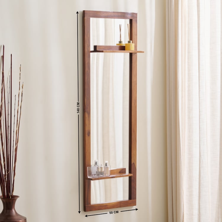 Helios Fleek Sheesham Wood Wall Mirror with Shelves - Honey Brown