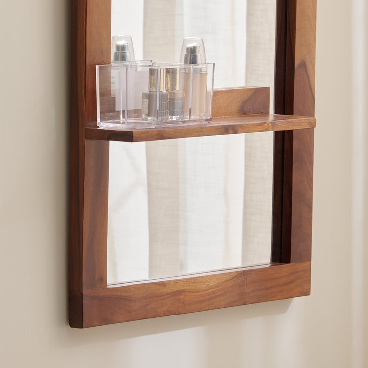 Helios Fleek Sheesham Wood Wall Mirror with Shelves - Honey Brown