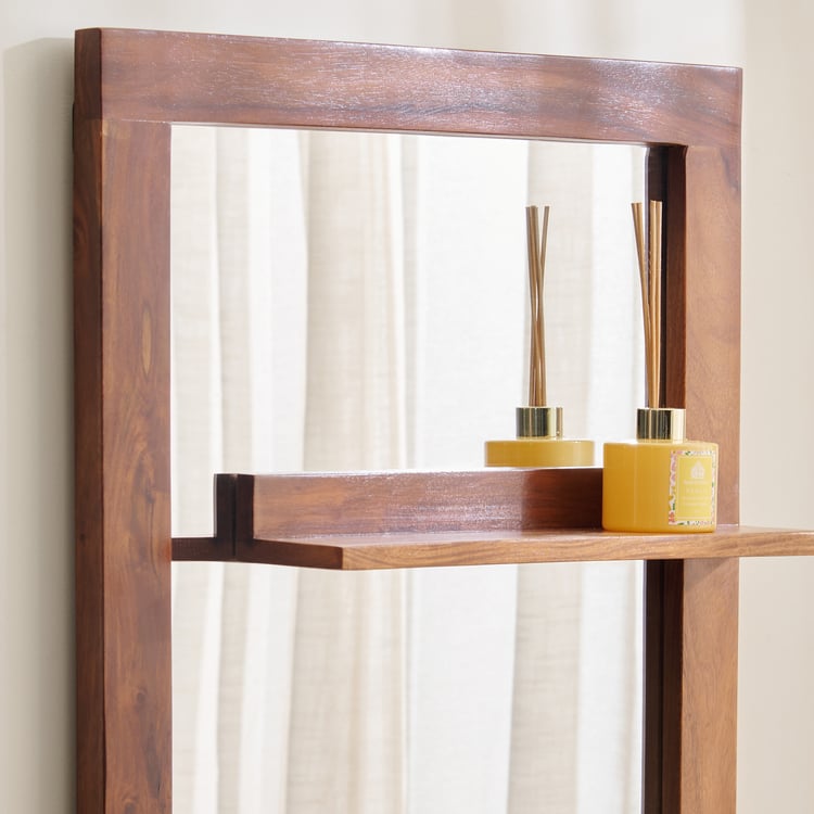 Helios Fleek Sheesham Wood Wall Mirror with Shelves - Honey Brown