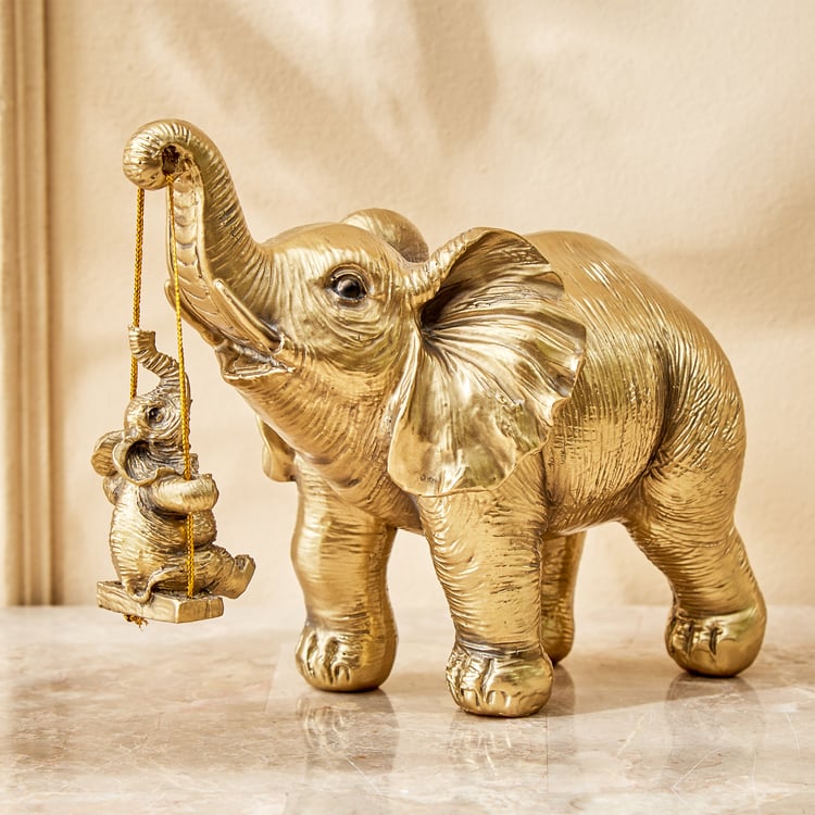 Jaguar Hedi Polyresin Mother Elephant with Baby on Swing Figurine