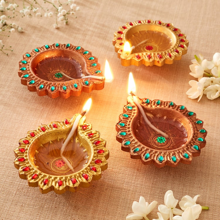 Utsav Set of 4 Earthen Clay Embellished Leaf Diyas