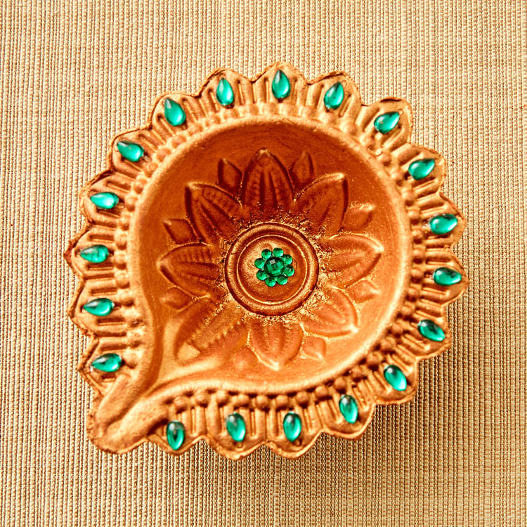 Utsav Set of 4 Earthen Clay Embellished Leaf Diyas