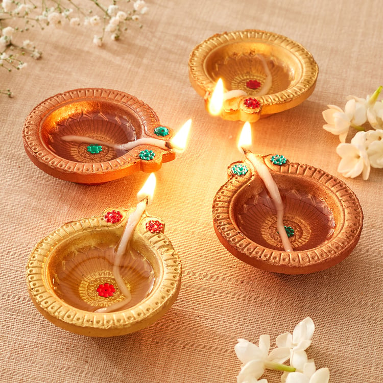 Utsav Set of 4 Earthen Clay Embellished Diyas