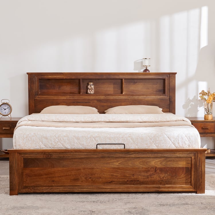 Adana Yuga Mango Wood King Bed with Hydraulic Storage - Brown