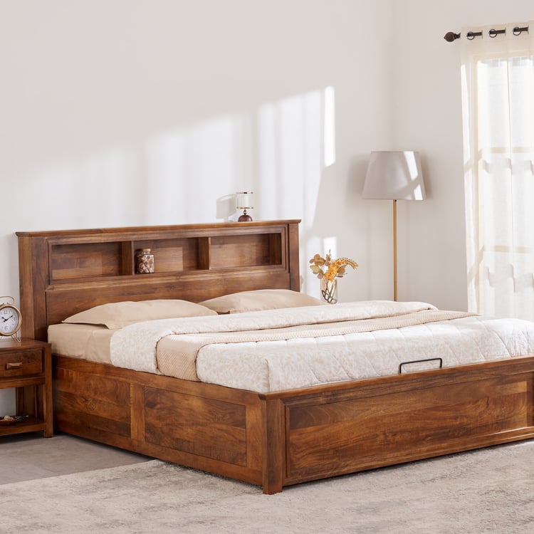Adana Yuga Mango Wood Queen Bed with Hydraulic Storage - Brown