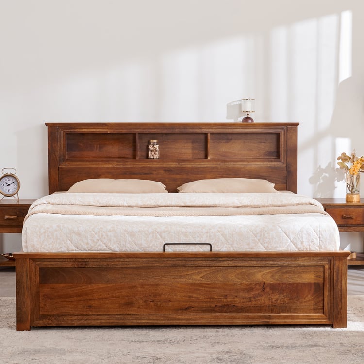 Adana Yuga Mango Wood Queen Bed with Hydraulic Storage - Brown