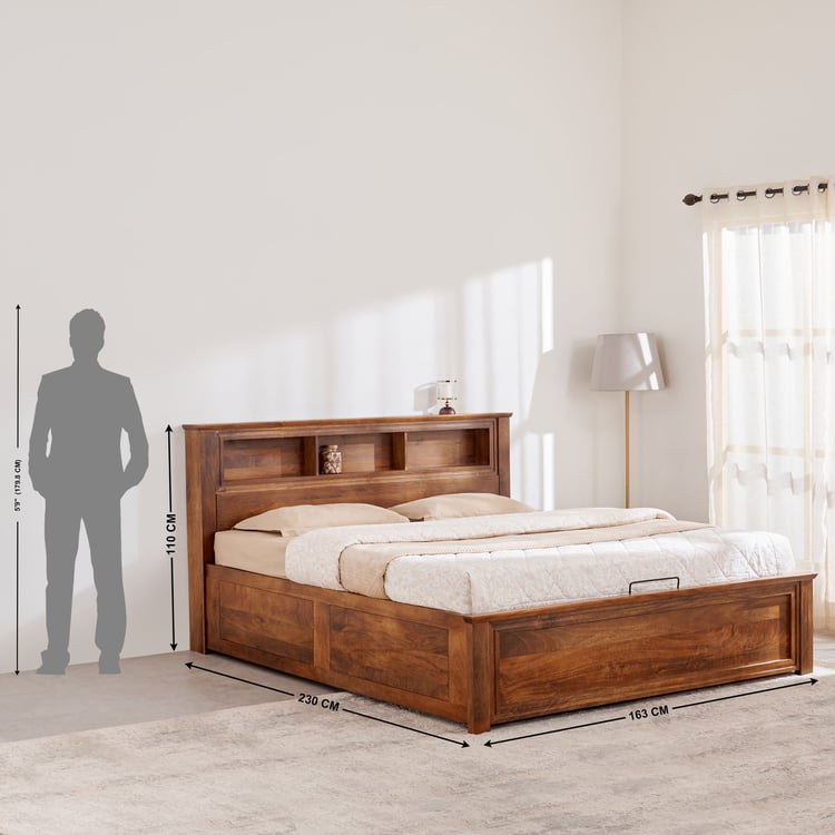 Adana Yuga Mango Wood Queen Bed with Hydraulic Storage - Brown
