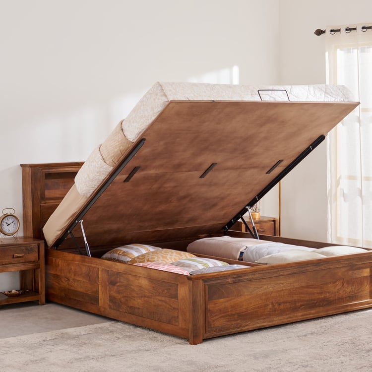 Adana Yuga Mango Wood Queen Bed with Hydraulic Storage - Brown