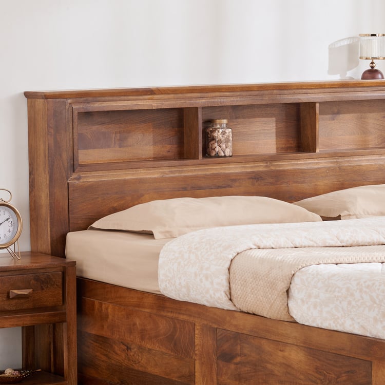 Adana Yuga Mango Wood Queen Bed with Hydraulic Storage - Brown
