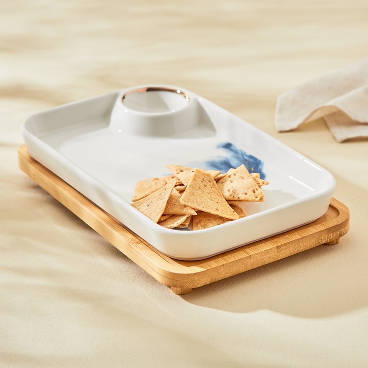 Showstopper Hatsu Porcelain Chip and Dip Platter with Bamboo Stand