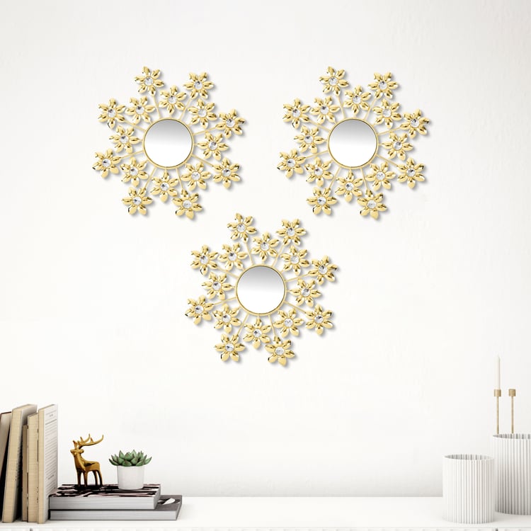 Ananda Petals Metal Set of 3 Wall Art with Mirrors