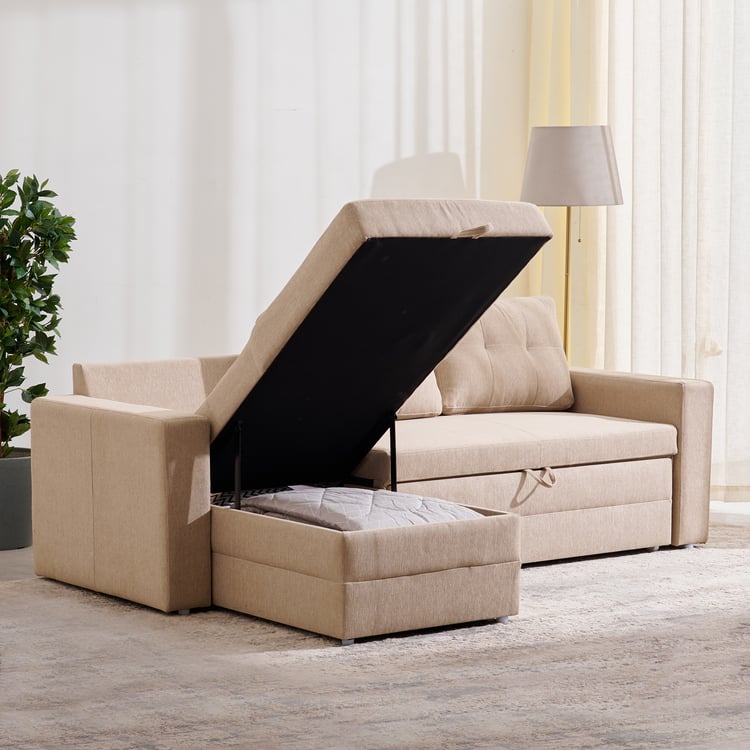 Helios Woodland Fabric 2-Seater Storage Sofa Bed with Interchangeable Chaise - Beige