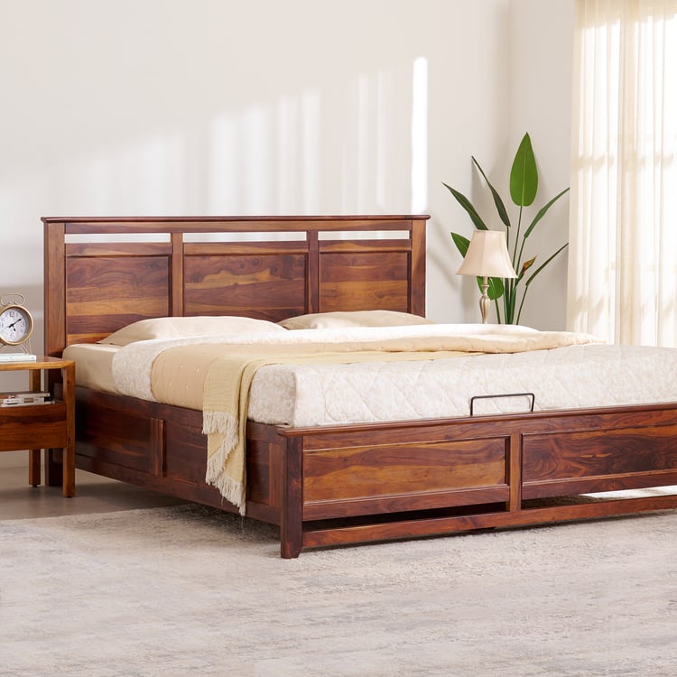 Ivan Sheesham Wood Queen Bed with Hydraulic Storage - Brown