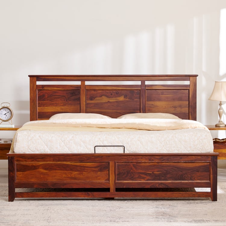 Ivan Sheesham Wood Queen Bed with Hydraulic Storage - Brown