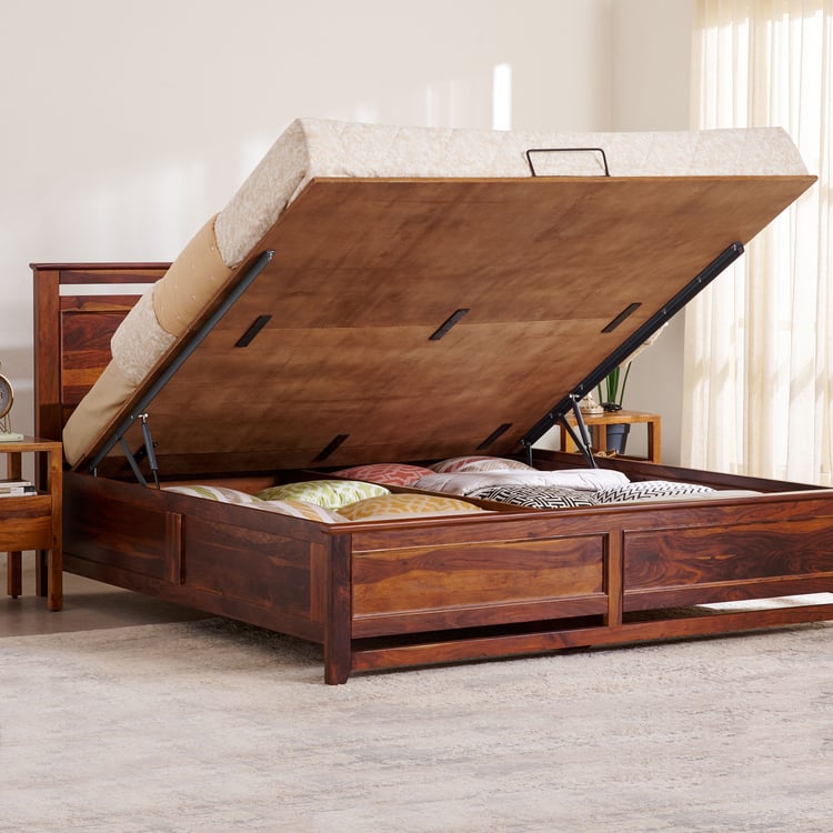 Ivan Sheesham Wood Queen Bed with Hydraulic Storage - Brown