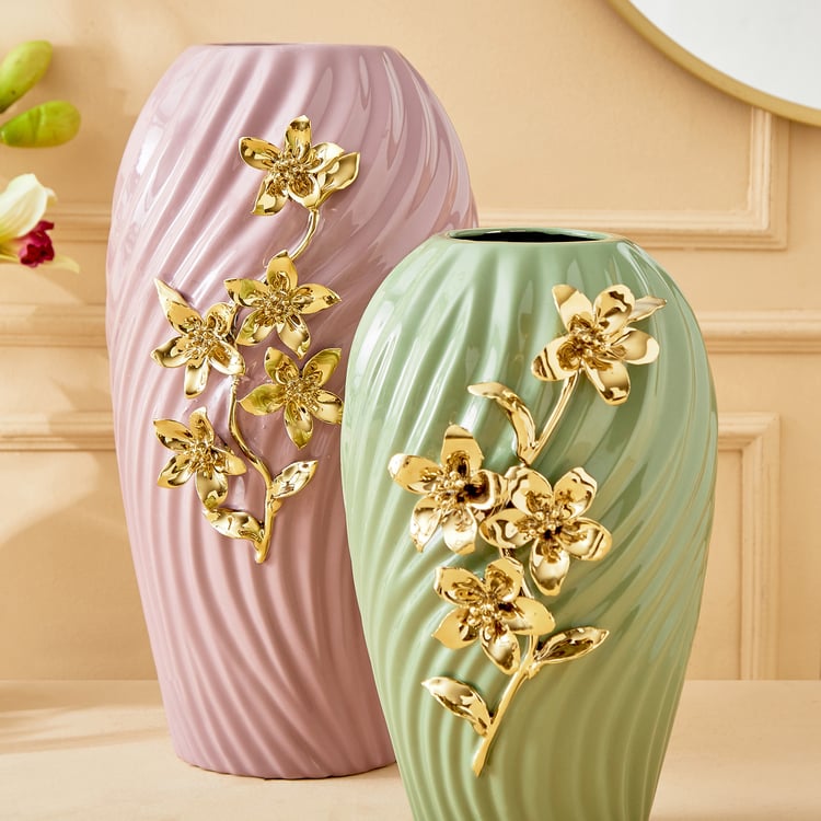 Moksha Kalki Ceramic Floral Ribbed Vase - Large