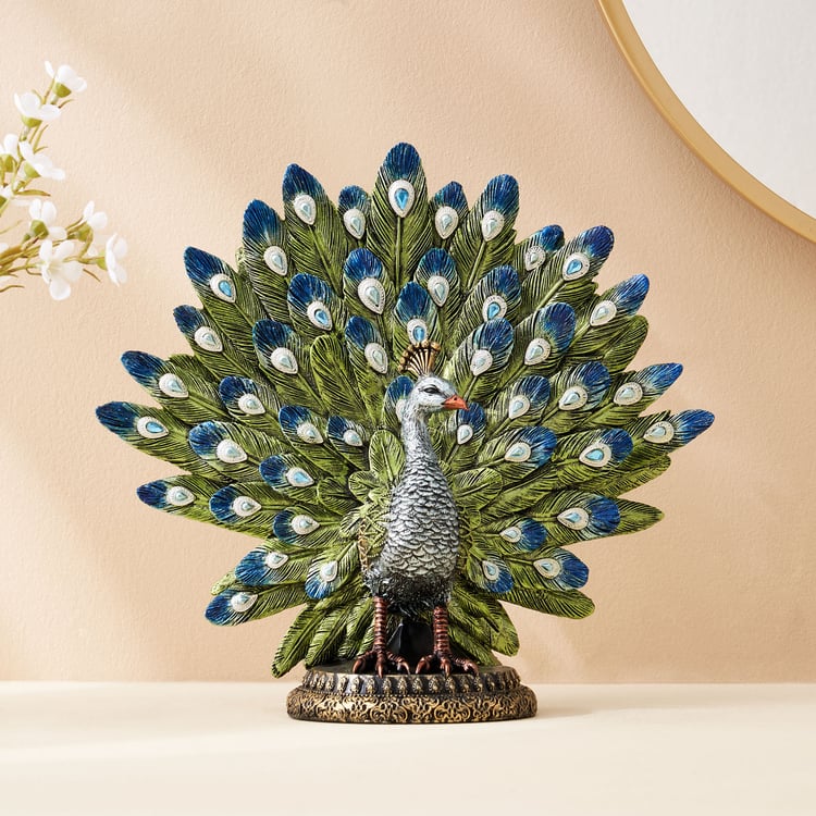 Mayur Rumi Polyresin Feathered Peacock Figurine